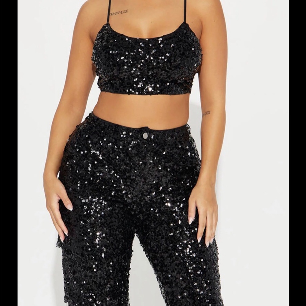 NWT 2 Pc Sequin Pants & Cropped Top Set - Black.  Available in Small.